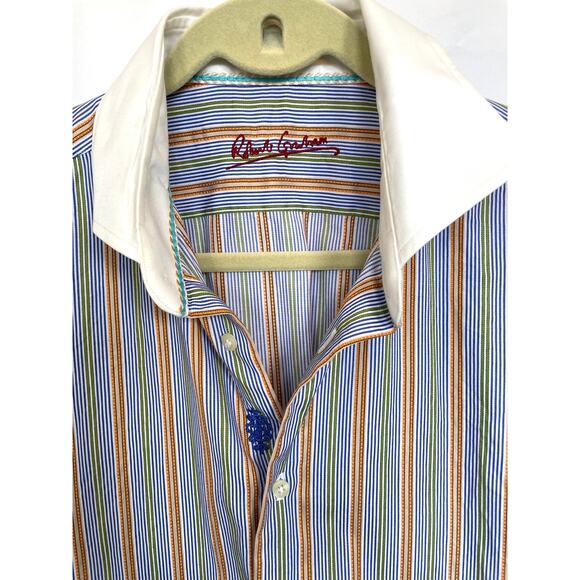 Robert Graham Multicolor Orange Blue Striped Button Up Shirt, Large - Picture 5 of 8
